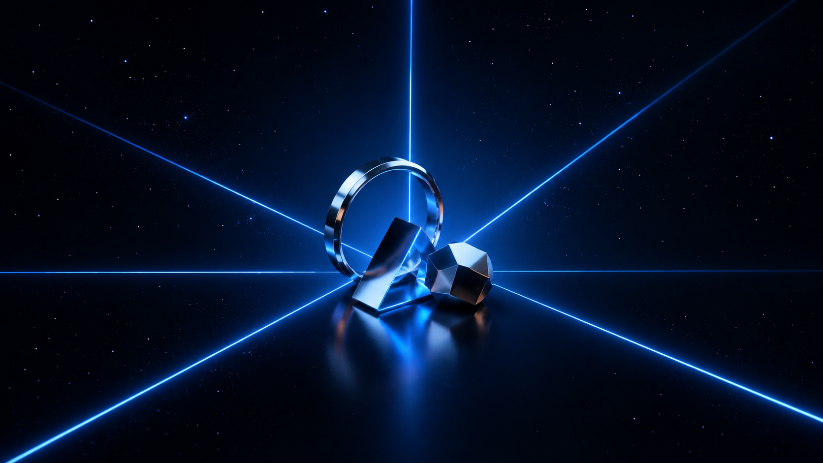 Wiele Advertising Agency — electric-blue light beams crossing obsidian field at engineered angles, representing performance advertising with creative craft.