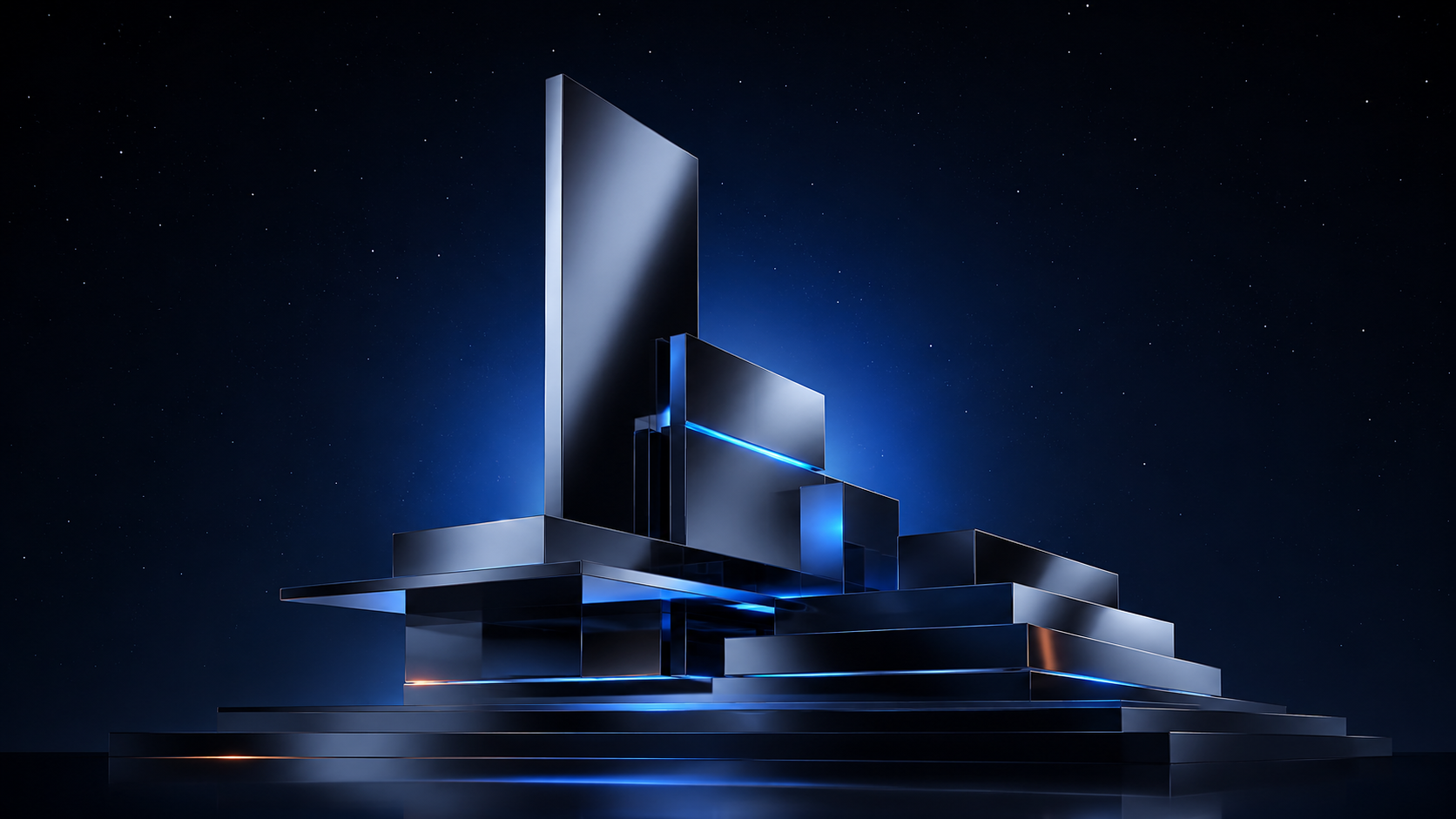 Wiele Brand Management Agency — chrome architectural geometric forms on obsidian field with electric-blue edge lighting, representing brand as a precision instrument.