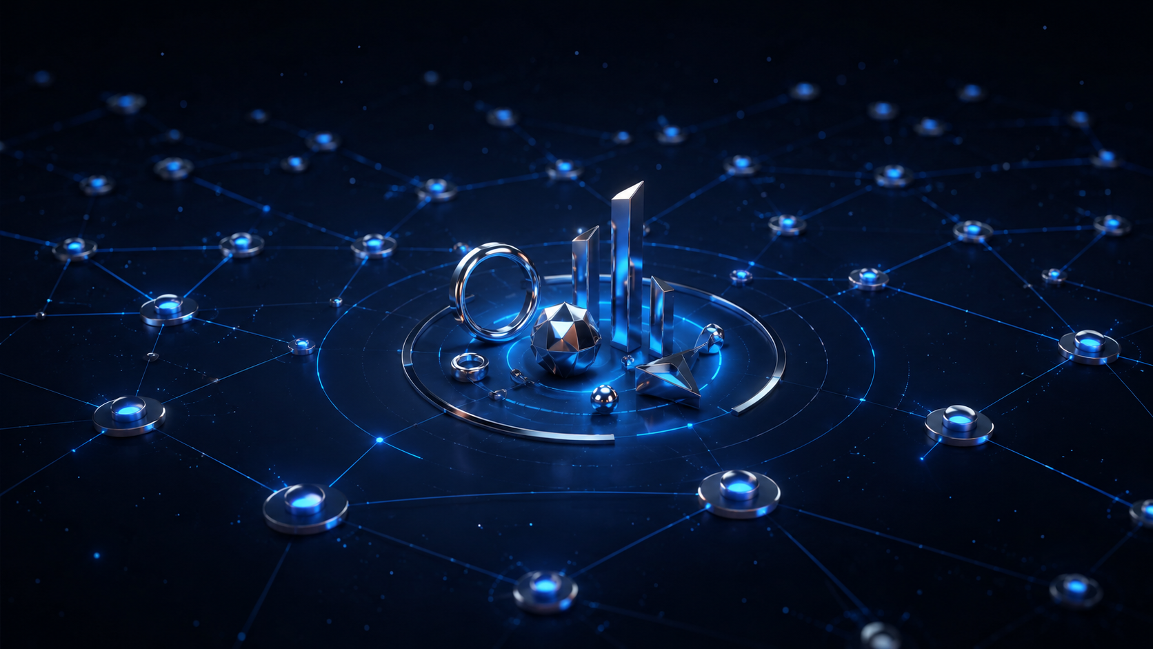 Wiele Marketing Agency — constellation of audience-network nodes in electric blue across obsidian field, representing marketing systems engineered as one engine.