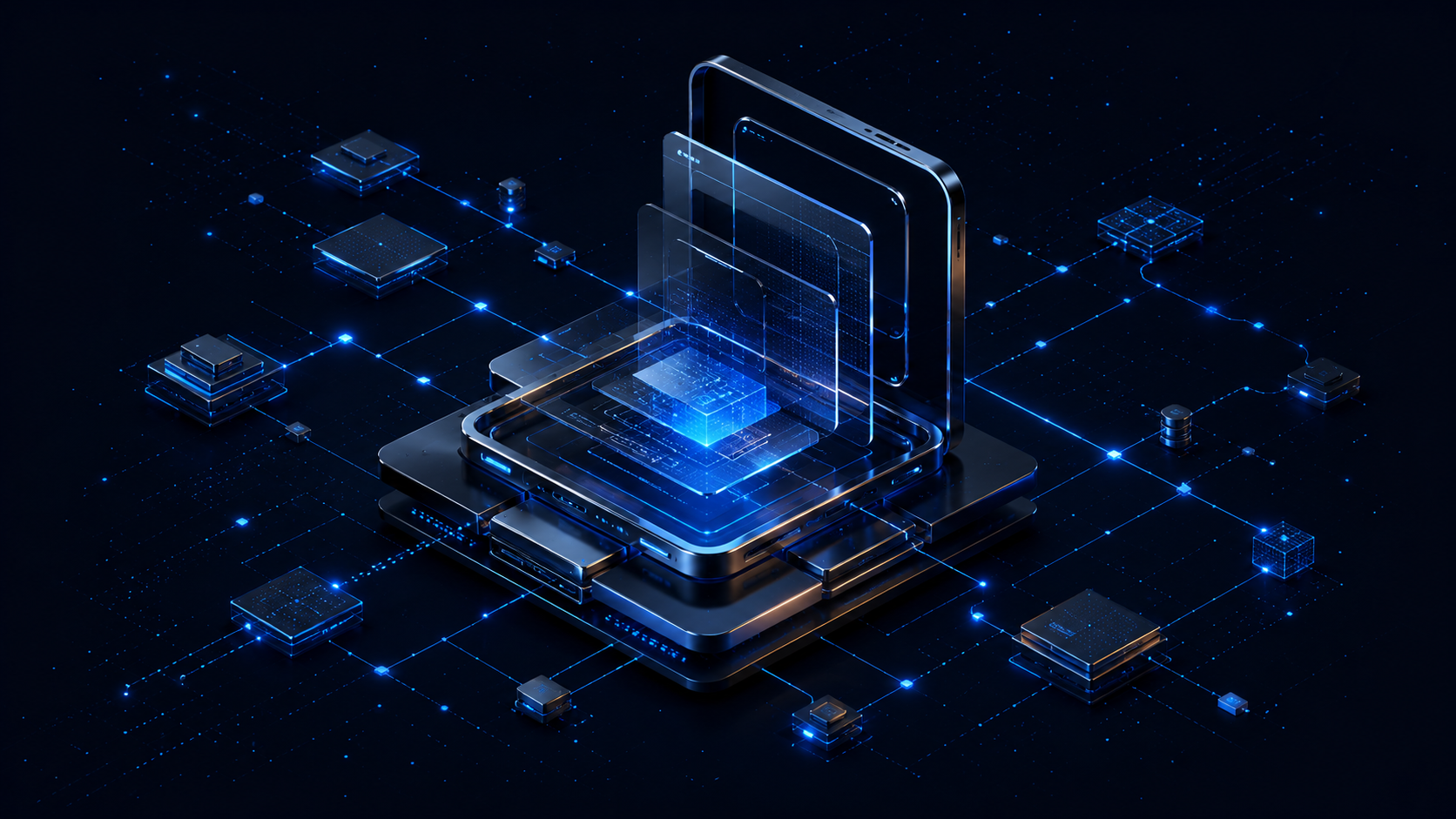 Wiele Web Design Agency — constellation of interface architecture nodes in electric blue across obsidian field, representing premium digital experience engineering.